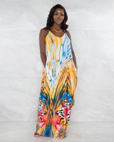 Positioning digital printing loose sling pocket dress plus size women's clothing Y81330