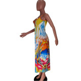 Positioning digital printing loose sling pocket dress plus size women's clothing Y81330