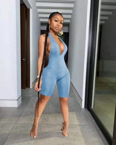 Solid color sexy deep V shorts jumpsuit H8968