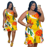 New women's printed mid-length sleeveless plus size dress N7073