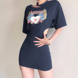 Sexy temperament solid color personalized print short-sleeved hip dress K21D00395