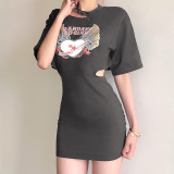 Sexy temperament solid color personalized print short-sleeved hip dress K21D00395