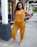 Sleeveless loose-breasted collar pocket leggings casual jumpsuit CH8222