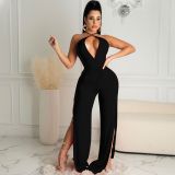 Women's hollow fashion sexy solid color lace split sleeveless jumpsuit PQ8054
