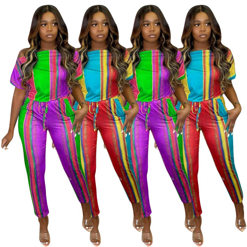 Fashion and leisure Leaky shoulder multi-color printing short-sleeved lace-up jumpsuit YF8276