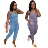 Women's clothing, solid color fashion, tight waistband, pocket vest jumpsuit XR2153