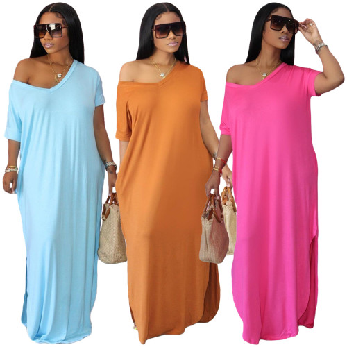 Summer solid color loose long dress plus size women's clothing JR3613