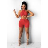 Pleated vest and shorts two-piece solid color stretch pit stripe women's slim suit W8209-1