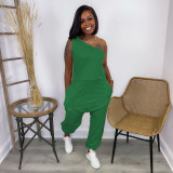 Jumpsuit slanted shoulder off-shoulder pocket long sports jumpsuit W8215-1