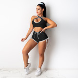Sleeveless sexy two-piece solid color vest shorts sports two-piece suit D88114