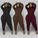 Fashion women's solid color plus size long-sleeved casual suit Q7113