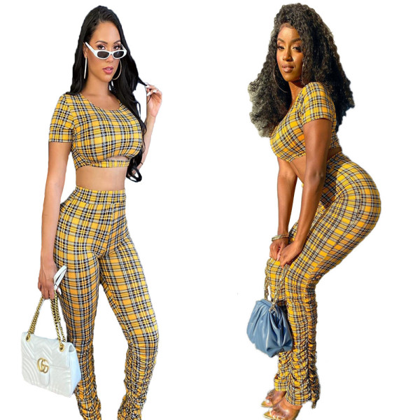 Plaid casual short-sleeved pleated pants suit XY8035