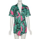 Leaf print street fashion lapel cardigan irregular shorts suit K21S05145