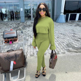 Pure color pit strip round neck long sleeve fashionable sexy two-piece suit D80055