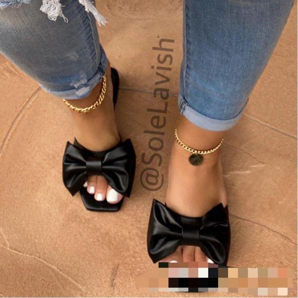 Summer new style large size foreign trade women's shoes bow knot square head low heel flat slippers women HWJ117