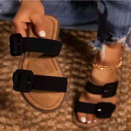 Casual summer women's shoes large size big buckle solid color soft sole comfortable one-foot sandals and slippers HWJ461