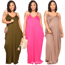 Summer solid color loose sling dress long skirt with pockets HY8075