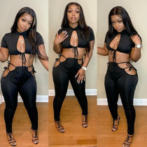 Sexy nightclub tight-fitting strappy hollow top leaky waist trousers two-piece suit L0354