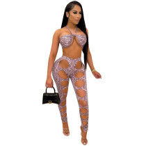 Sexy snake print tube top strap hollow trousers women's suit QY5066