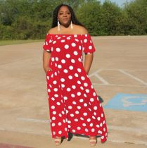 Chiffon Dot Printed Bohemian One Shoulder Ladies High Street Beach Loose Dress with Pockets QY5057