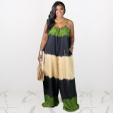 Plus size women's clothing spot positioning printing contrast color sling wide leg plus size jumpsuit J21S6071