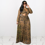 Printed leopard print lace-up long-sleeved half skirt sexy two-piece suit J21S6072