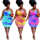 New style tie-dye printing sling pleated sexy dress J21S6075