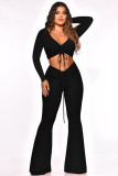 Autumn and winter thread solid color pleated V-neck sexy bootcut trousers two-piece suit Q21S921