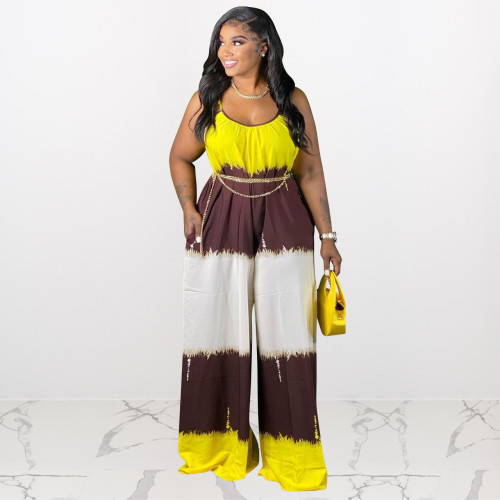 Plus size women's clothing spot positioning printing contrast color sling wide leg plus size jumpsuit J21S6071