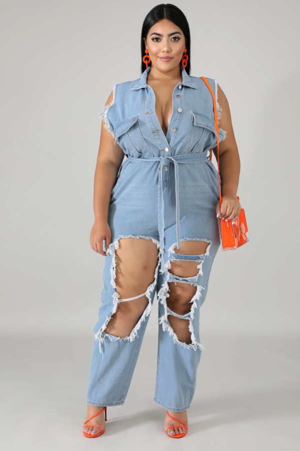 Oversized fat woman long-sleeved frosted washed ripped denim jumpsuit QJ6109