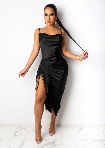 Summer hot style women's sexy halter lace-up pleated slit pleated sling long dress dress SUM3201A