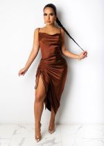 Summer hot style women's sexy halter lace-up pleated slit pleated sling long dress dress SUM3201A