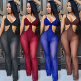 Sexy suspenders deep V solid color fashion jumpsuit nightclub clothes A7173