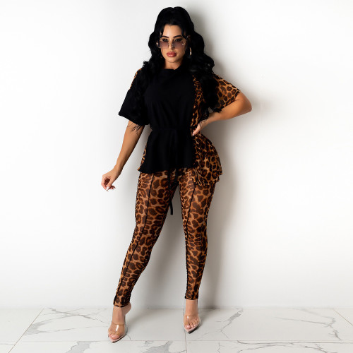 Women's two-piece leopard print stitching short-sleeved suit summer short T-shirt AL160