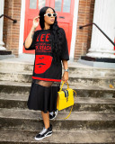 Large size women's printed net yarn stitching dress T-shirt long skirt long skirt letter summer AL106
