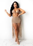 Women's solid color knitted sexy tube top fringed beach dress TS1166