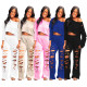 Women's casual cotton solid color ripped flared pants sweatshirt suit TS1065