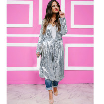 Women's fashion casual silver sequined long coat (including belt) TS1000