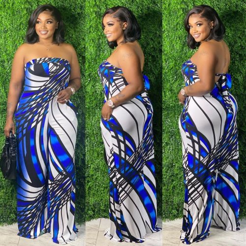 Plus size women's new style printed wrap-chest wide loose jumpsuit wide-leg pants Y1317