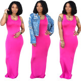 Pure color sexy women's vest long skirt, fashion U-neck dress, simple personality, hip skirt A8810