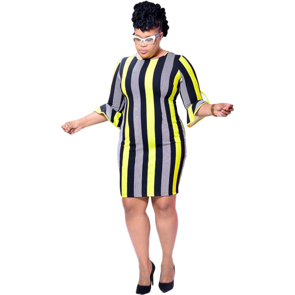 Plus Size Women's Striped Ruffle Sleeve Pullover Dress Y1322