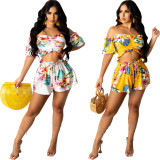 Fashion sexy short-sleeved short-sleeved shorts set with navel print two-piece suit WY6816