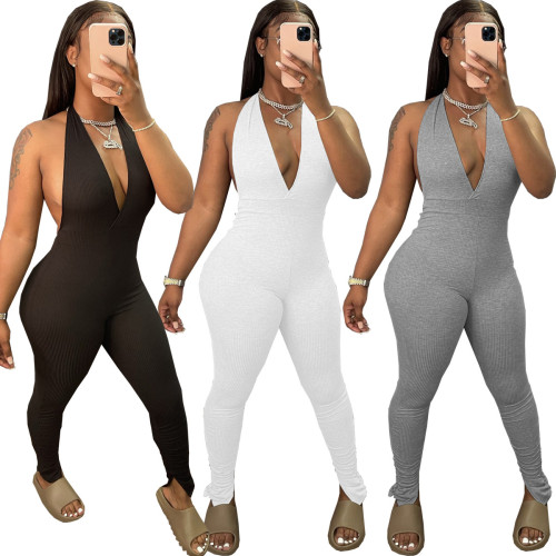 Fashion sexy halter neck wrap chest open back slim fit jumpsuit WY6832