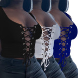 Fashion casual sexy eyelet tie vest top W8376
