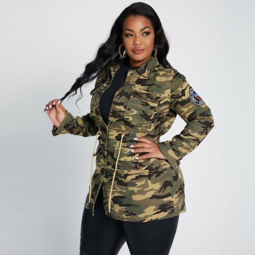 Rivet patch multi-pocket drawstring cool camouflage tooling casual baseball uniform jacket plus size women's jacket OSS19460