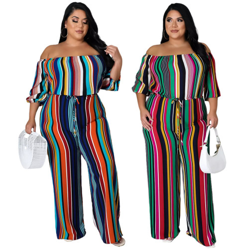 Fashion plus size women's fashion colorful striped bandage wide-leg jumpsuit AP7053