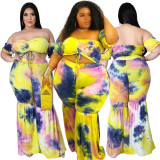Fashion plus size women's sexy print pleated lace-up flared pants suit AP7031