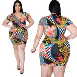 Plus size women's sexy V-neck floral gold chain print pleated dress AP7018