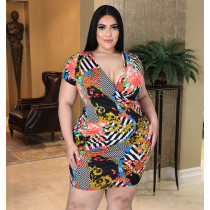 Plus size women's sexy V-neck floral gold chain print pleated dress AP7018