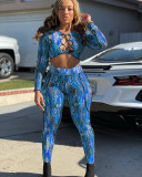 Women's fashion sexy tie wrap chest printed long-sleeved trousers two-piece suit N6030